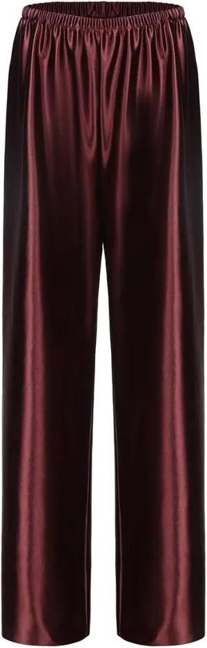 Women Satin Wide Leg Dress Pants Silk Casual Dressy Long Flowy Pants Elastic High Waisted Trousers