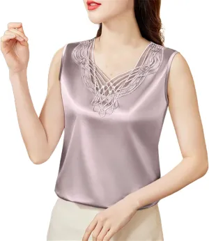 Women Sexy Beaded Lace Camisole Spring Silk Satin Vest Sleeveless Inner Outerwear Tank Tops