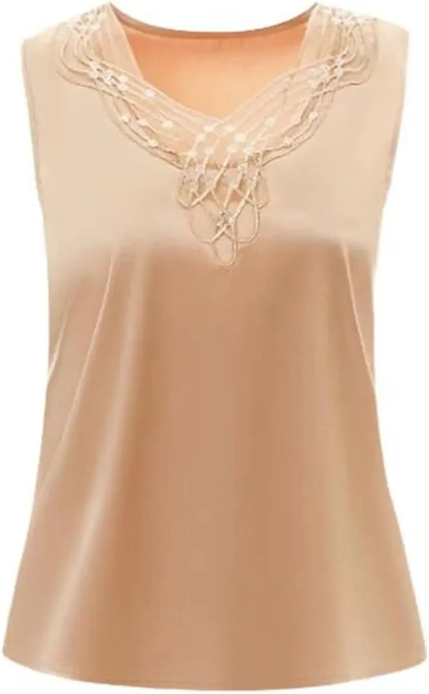 Women Sexy Beaded Lace Camisole Spring Silk Satin Vest Sleeveless Inner Outerwear Tank Tops