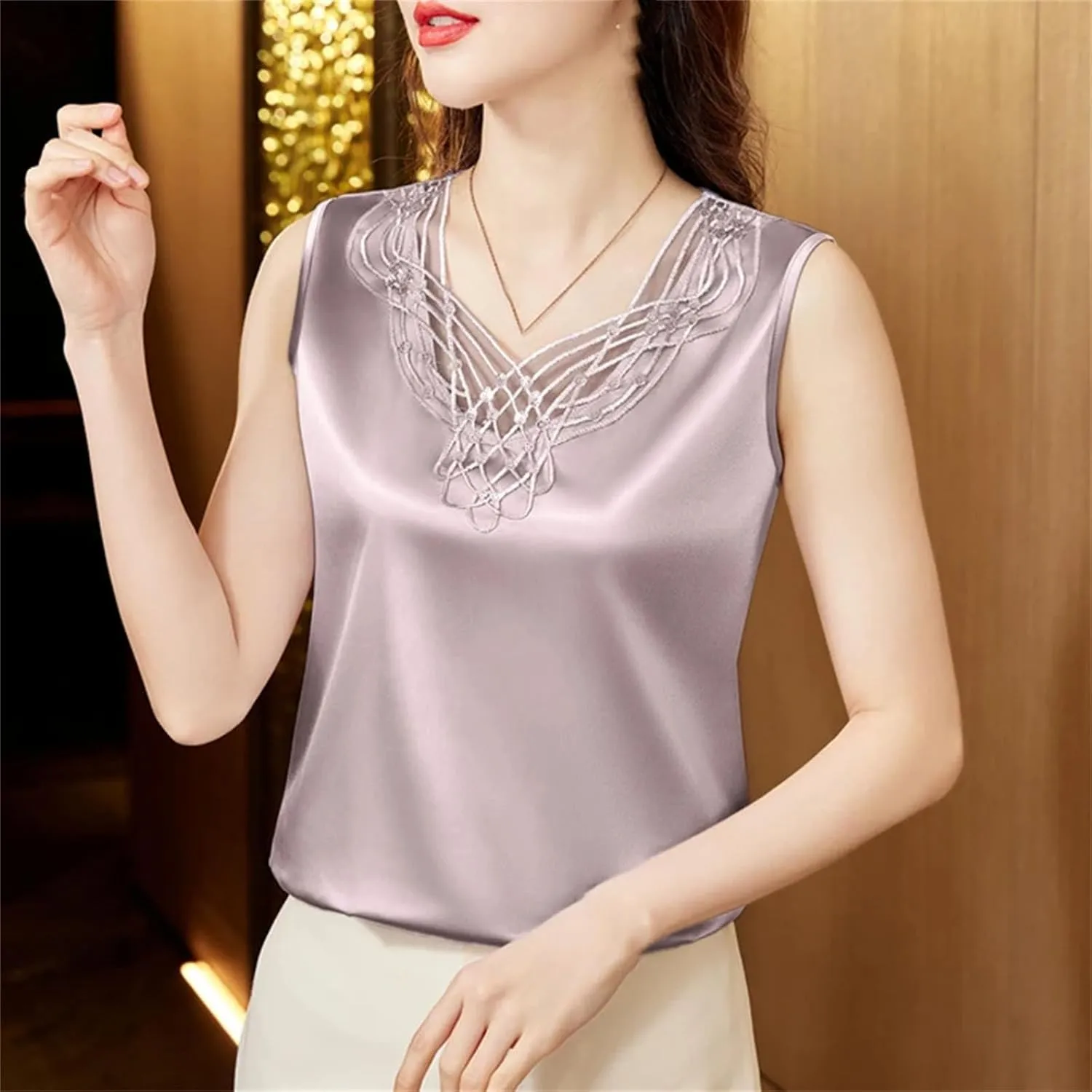Women Sexy Beaded Lace Camisole Spring Silk Satin Vest Sleeveless Inner Outerwear Tank Tops
