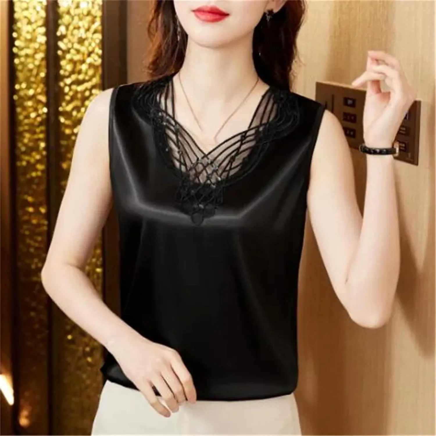 Women Sexy Beaded Lace Camisole Spring Silk Satin Vest Sleeveless Inner Outerwear Tank Tops