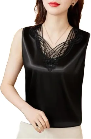 Women Sexy Beaded Lace Camisole Spring Silk Satin Vest Sleeveless Inner Outerwear Tank Tops