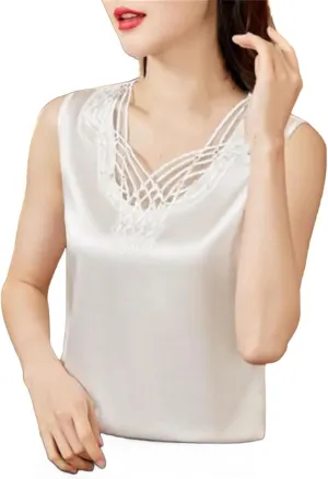 Women Sexy Beaded Lace Camisole Spring Silk Satin Vest Sleeveless Inner Outerwear Tank Tops
