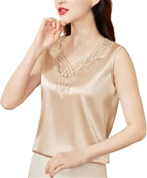 Women Sexy Beaded Lace Camisole Spring Silk Satin Vest Sleeveless Inner Outerwear Tank Tops