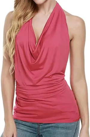 Women Sexy Off Shoulder Halter Tank Top Summer Solid Color T-Shirt Elegant Backless Cowl Neck Drape Camisole