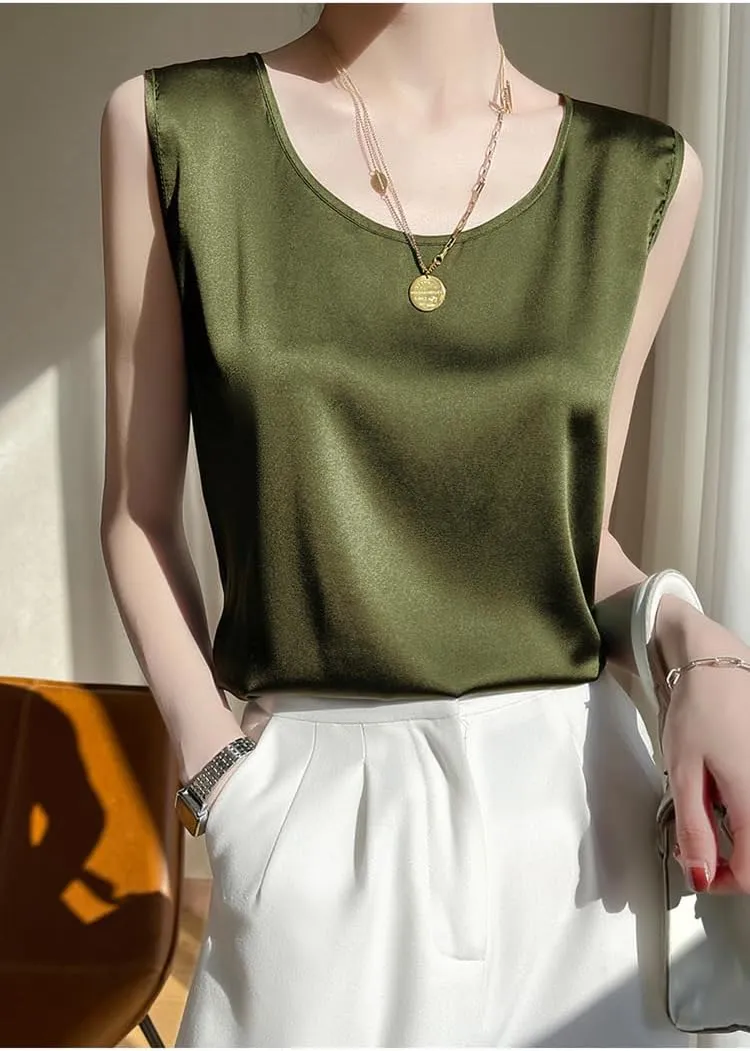 Women Silk Satin Tank Tops Summer Sleeveless Basic Camisole
