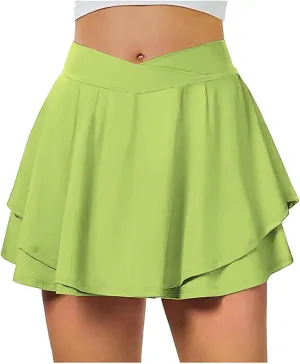 Women Skirts 2025 Pleated Ruffle Tummy Control Athletic Skorts Crossover Mini Skirt Summer Shorts with Pockets