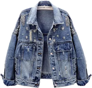 Women Spring Autumn Handmade Diamond Denim Jacket Women Coat Harajuku Short Jeans Jacket Loose Casual Outerwear