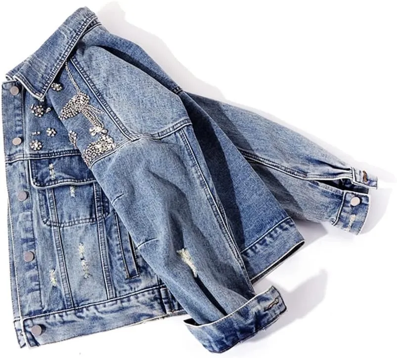 Women Spring Autumn Handmade Diamond Denim Jacket Women Coat Harajuku Short Jeans Jacket Loose Casual Outerwear