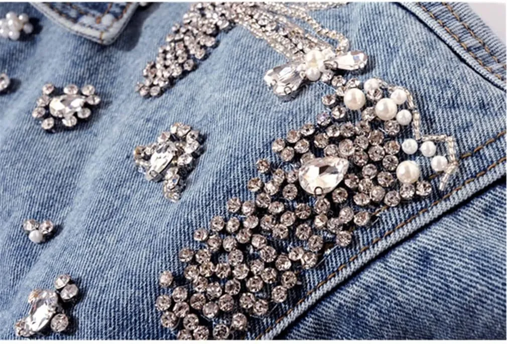 Women Spring Autumn Handmade Diamond Denim Jacket Women Coat Harajuku Short Jeans Jacket Loose Casual Outerwear