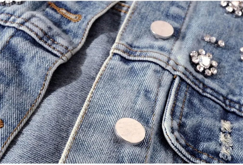 Women Spring Autumn Handmade Diamond Denim Jacket Women Coat Harajuku Short Jeans Jacket Loose Casual Outerwear