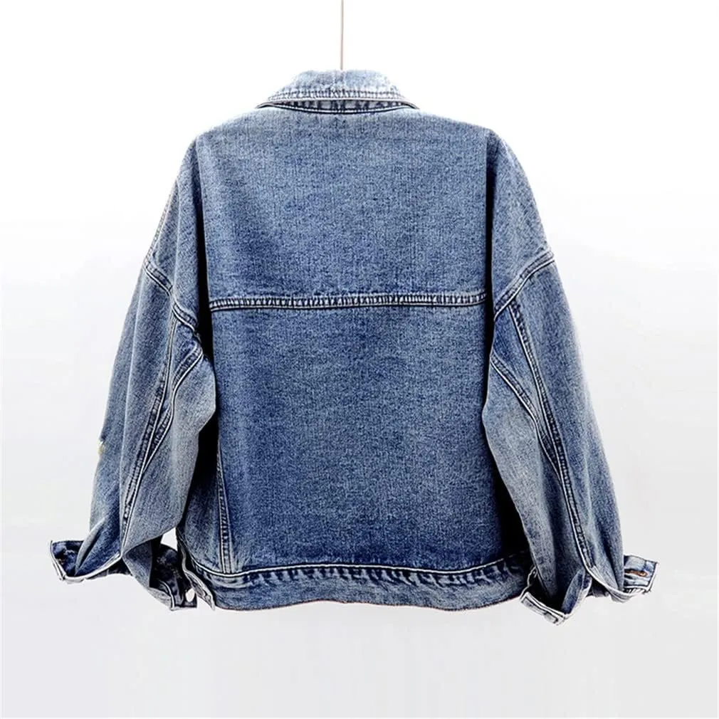 Women Spring Autumn Handmade Diamond Denim Jacket Women Coat Harajuku Short Jeans Jacket Loose Casual Outerwear