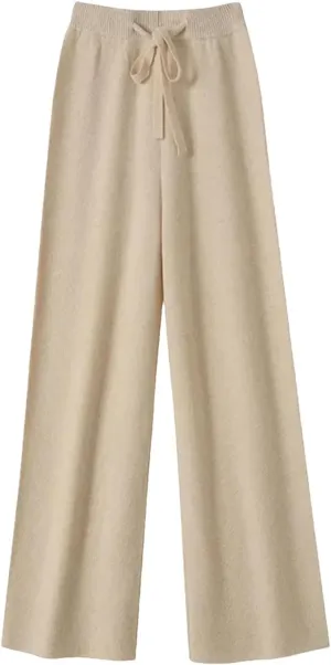 Women Spring Autumn High Waist Wide Leg Pants Solid Warm Merino Wool Knitted Casual with Drawstring Trousers