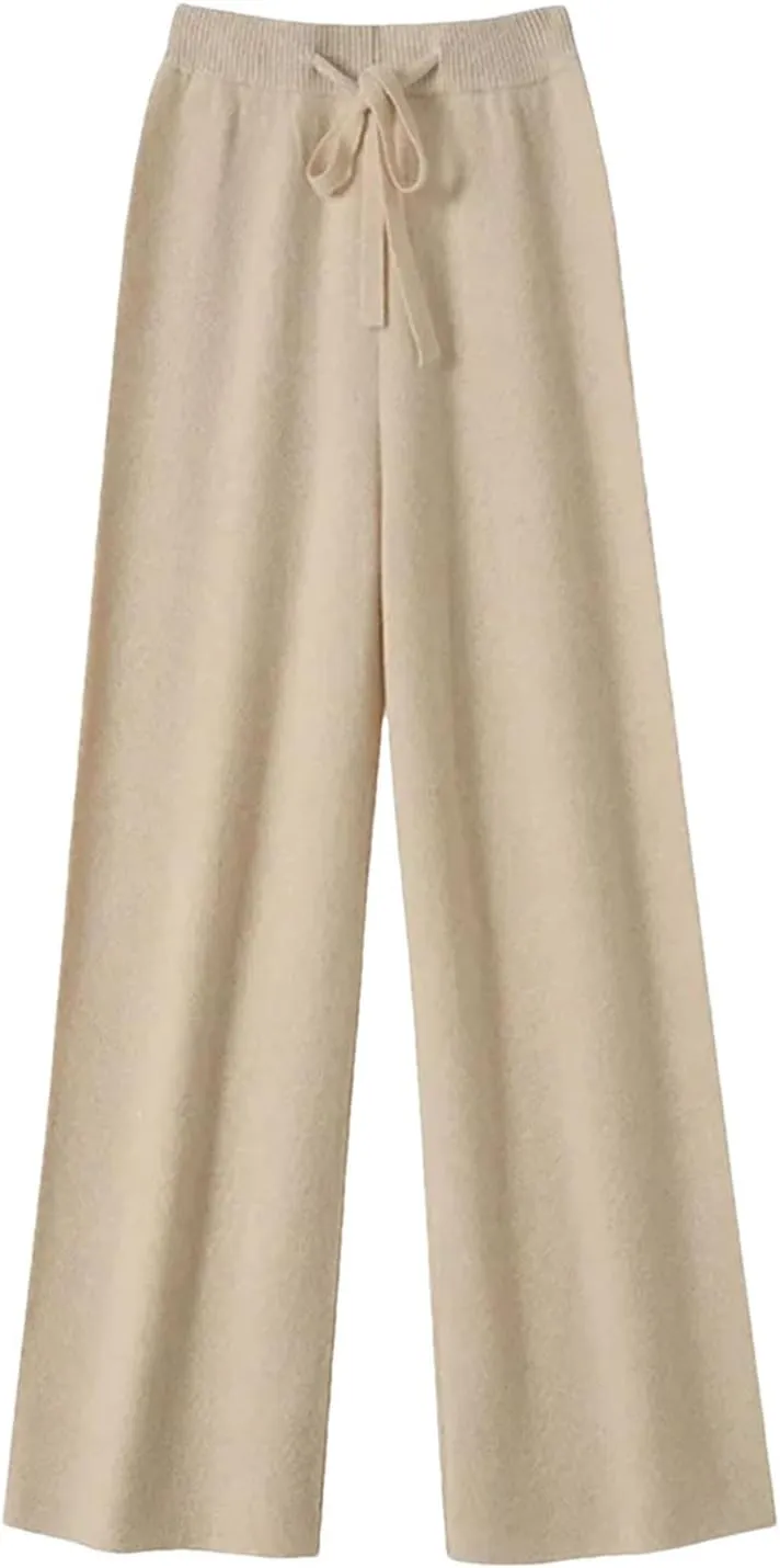 Women Spring Autumn High Waist Wide Leg Pants Solid Warm Merino Wool Knitted Casual with Drawstring Trousers