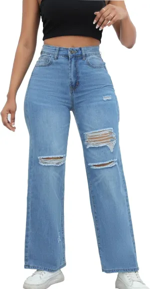 Women Stretchy Distressed Wide Leg Jeans Ripped Mom Baggy Straight Boyfriend Trendy Trouser Denim Pants for Women