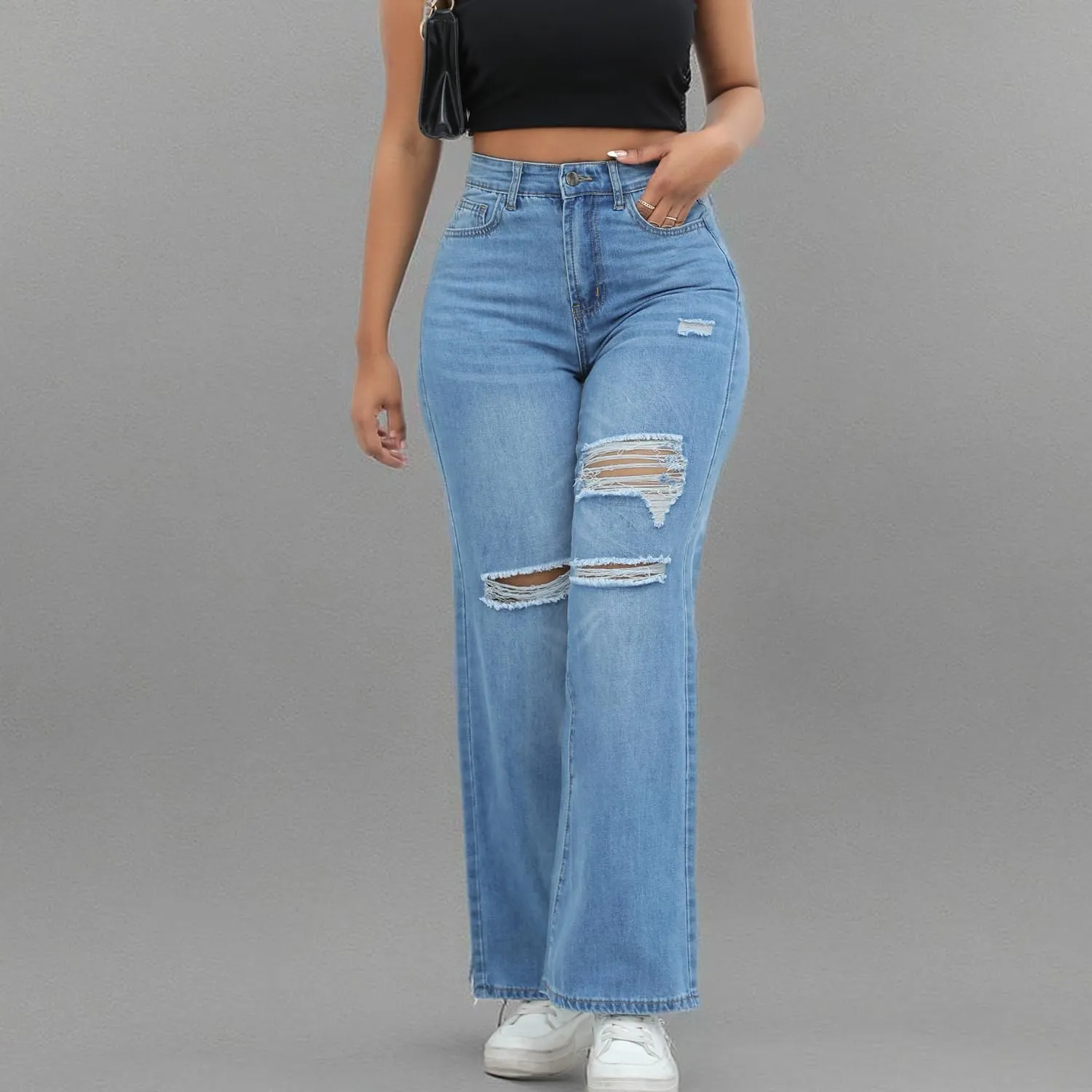 Women Stretchy Distressed Wide Leg Jeans Ripped Mom Baggy Straight Boyfriend Trendy Trouser Denim Pants for Women