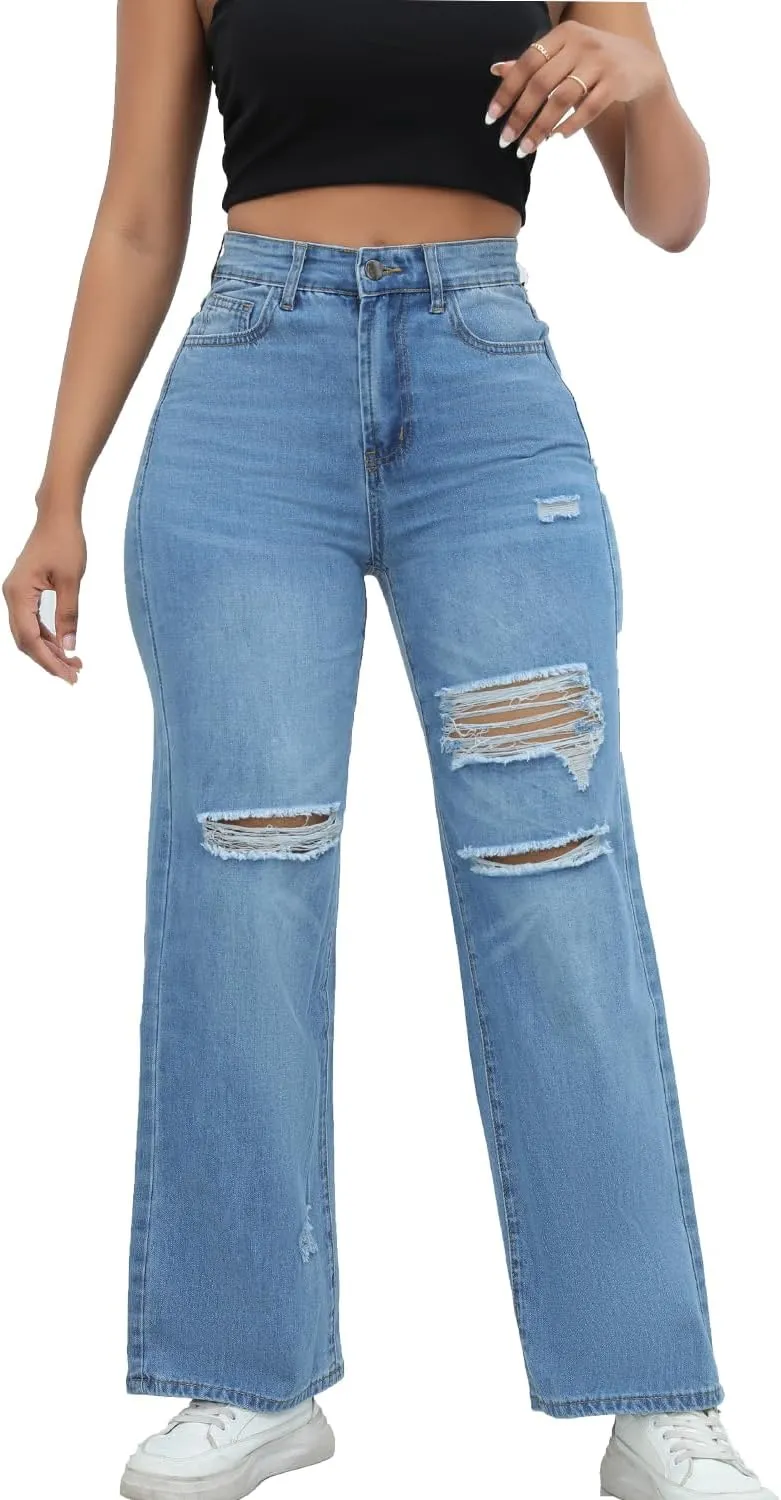 Women Stretchy Distressed Wide Leg Jeans Ripped Mom Baggy Straight Boyfriend Trendy Trouser Denim Pants for Women
