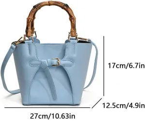 Women Top-Handle Handbag PU Leather with Bamboo Handle Versatile Tote Handbag Solid Color Ladies Commute Bag