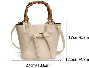 Women Top-Handle Handbag PU Leather with Bamboo Handle Versatile Tote Handbag Solid Color Ladies Commute Bag