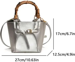Women Top-Handle Handbag PU Leather with Bamboo Handle Versatile Tote Handbag Solid Color Ladies Commute Bag