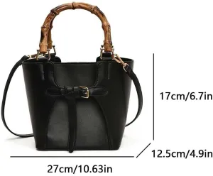 Women Top-Handle Handbag PU Leather with Bamboo Handle Versatile Tote Handbag Solid Color Ladies Commute Bag