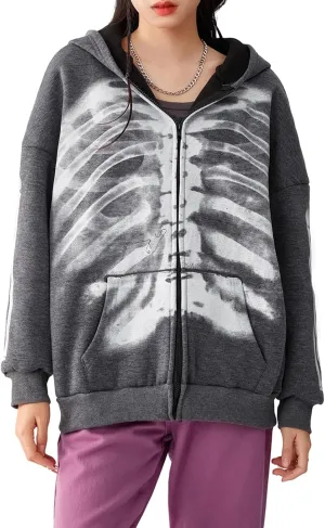 Women Vintage Oversized Long Sleeve Skeleton Printed Sweatshirt Zip Up Goth Hoodie Y2k Aesthetic Jacket Streetwear