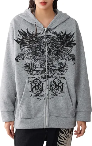 Women Zip Up Hoodie Y2k Vintage Graphic Oversized Sweatshirt Long Sleeve Goth Jacket Full Grunge Streetwear