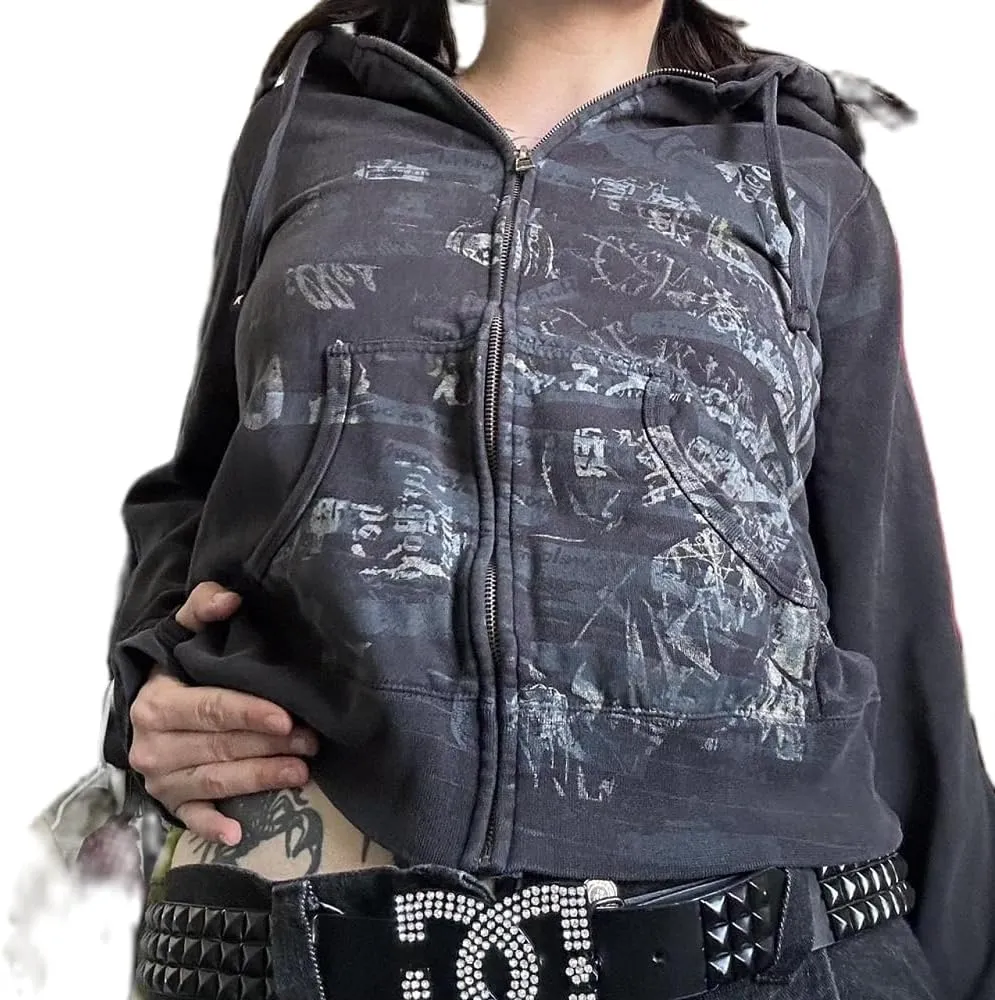 Women Zip Up Hoodie Y2k Vintage Graphic Oversized Sweatshirt Long Sleeve Goth Jacket Full Grunge Streetwear
