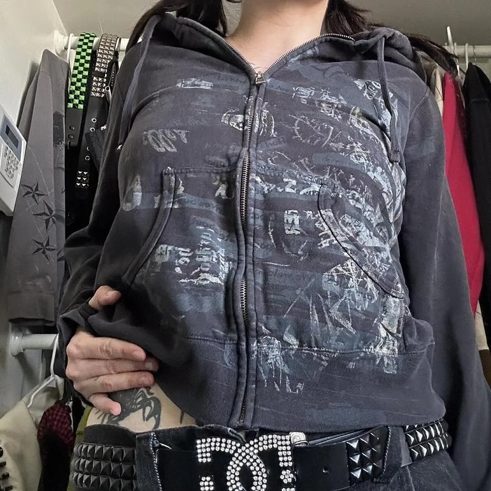 Women Zip Up Hoodie Y2k Vintage Graphic Oversized Sweatshirt Long Sleeve Goth Jacket Full Grunge Streetwear