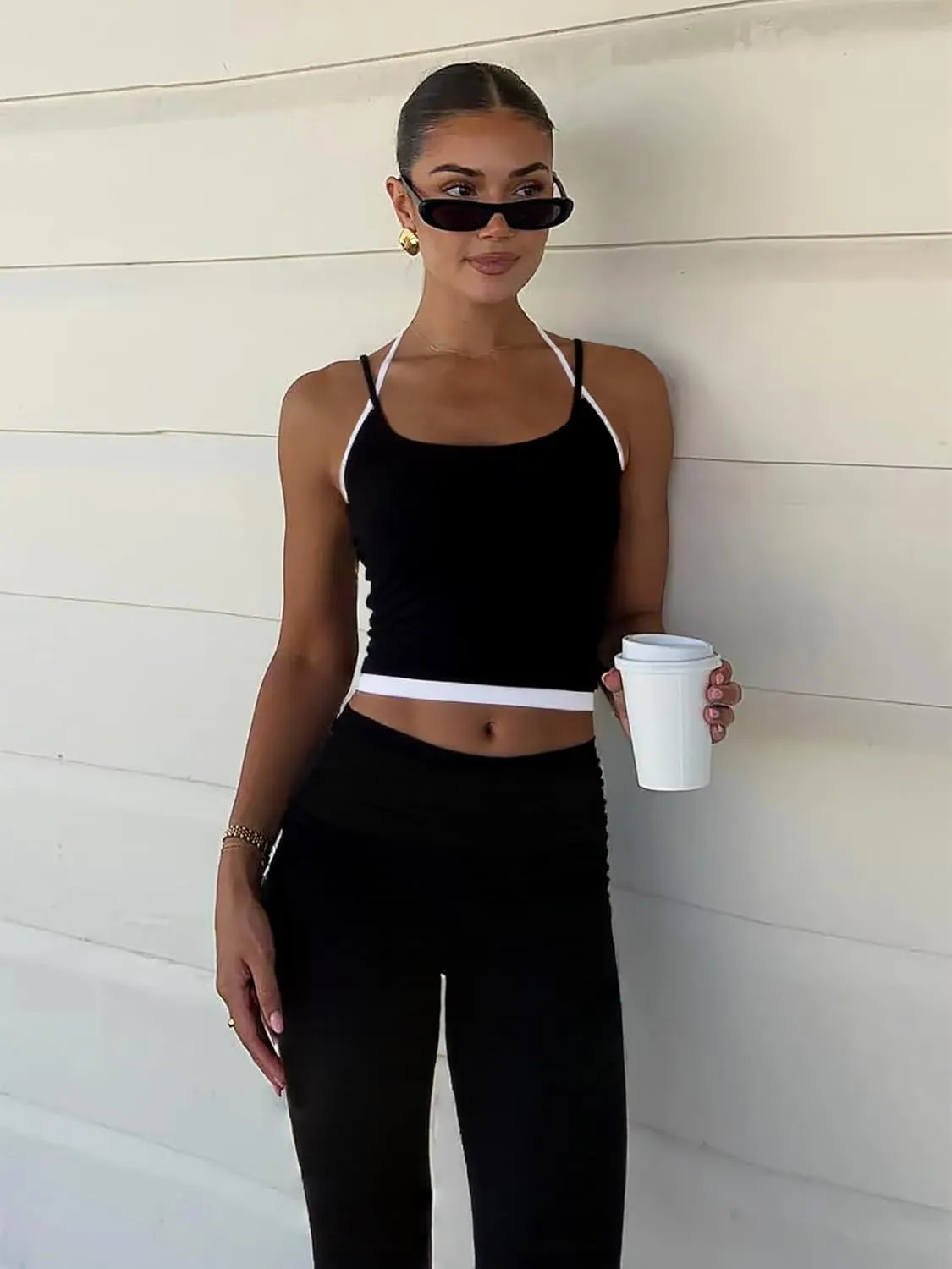 Women's 2 Piece Sets Casual Summer Outfits Spaghetti Strap Crop Tank Fold Over Yoga Flare Pants Comfy Loungewear