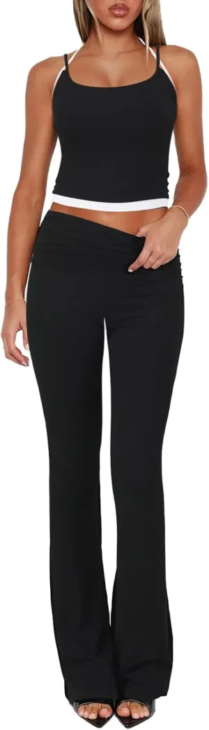 Women's 2 Piece Sets Casual Summer Outfits Spaghetti Strap Crop Tank Fold Over Yoga Flare Pants Comfy Loungewear