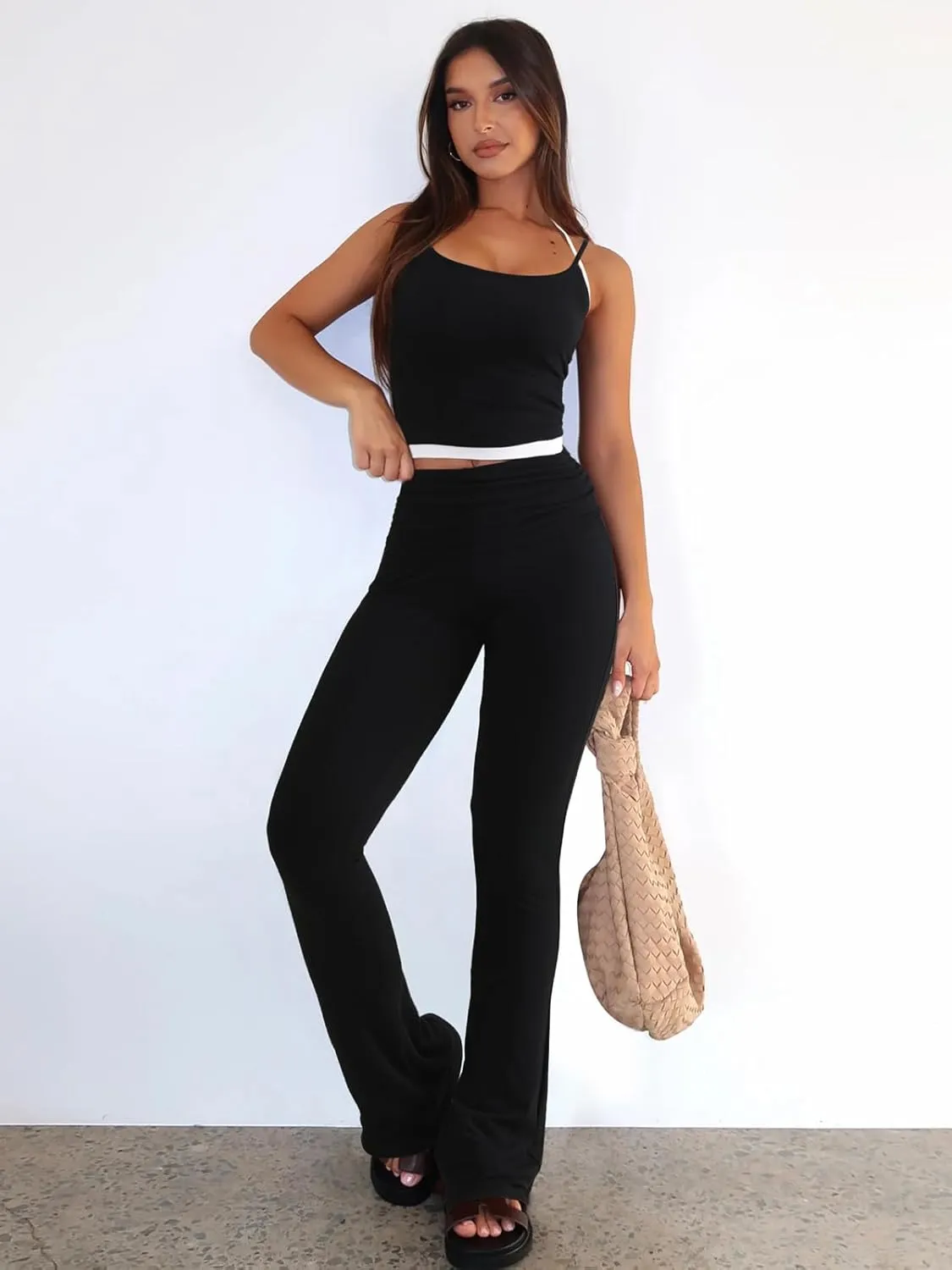 Women's 2 Piece Sets Casual Summer Outfits Spaghetti Strap Crop Tank Fold Over Yoga Flare Pants Comfy Loungewear