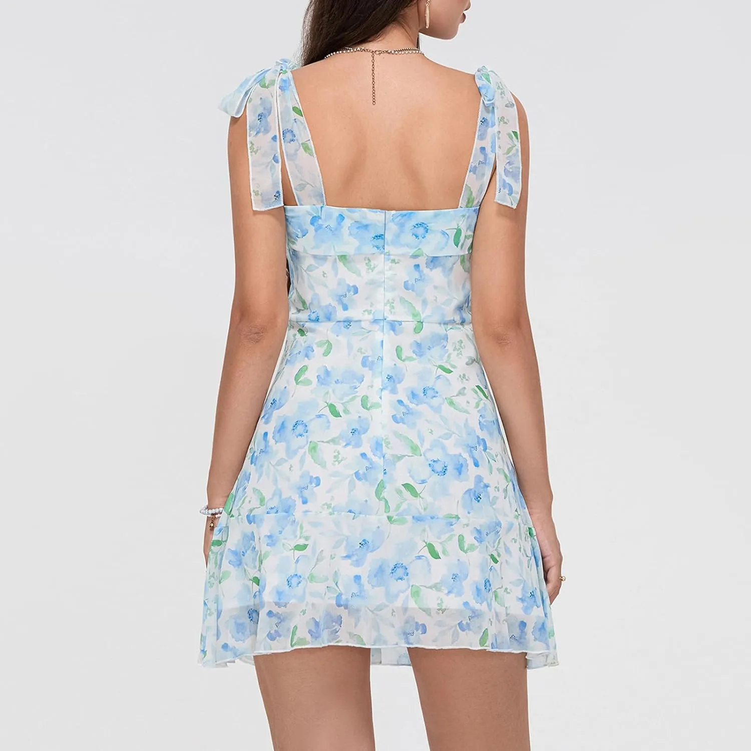 Womens 2025 Summer Floral Mini Dress Sleeveless Backless Tie Up Shoulder Strap Double Layer Ruffle Dress