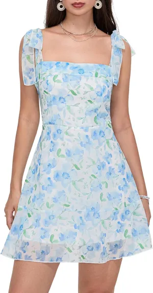 Womens 2025 Summer Floral Mini Dress Sleeveless Backless Tie Up Shoulder Strap Double Layer Ruffle Dress