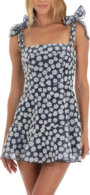 Womens 2025 Summer Floral Mini Dress Sleeveless Backless Tie Up Shoulder Strap Double Layer Ruffle Dress