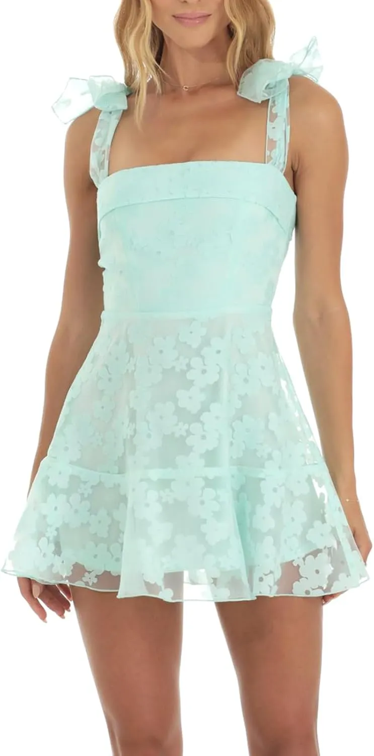 Womens 2025 Summer Floral Mini Dress Sleeveless Backless Tie Up Shoulder Strap Double Layer Ruffle Dress