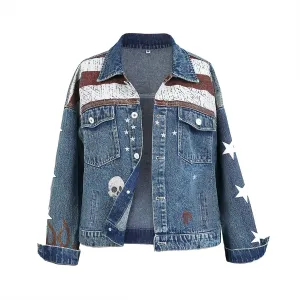 Womens America Girls Halloween Denim Coat Jacket Outfits Women Cosplay Casual Lapel Outerwear Costume
