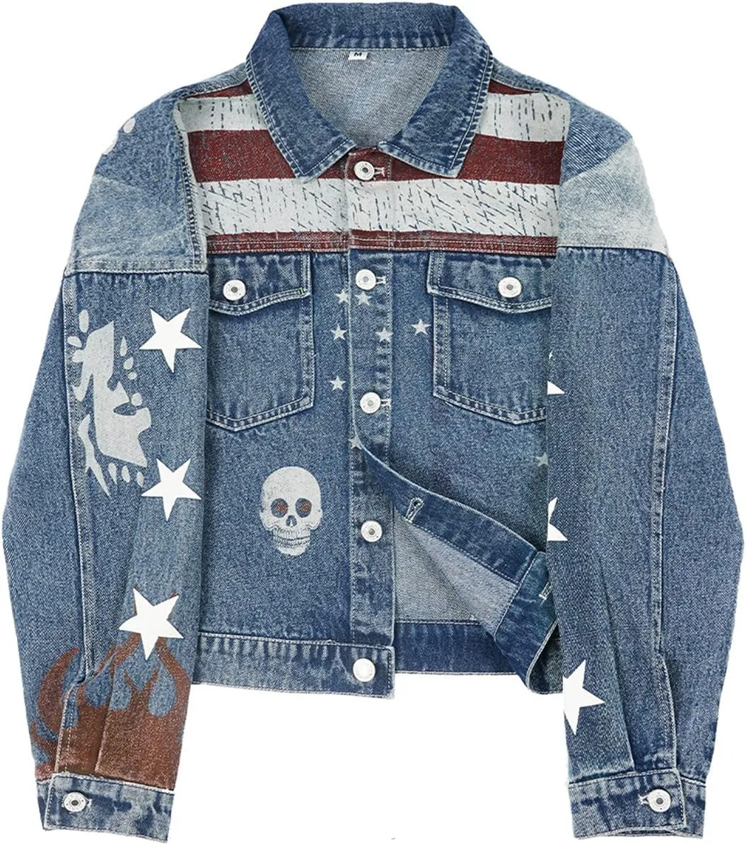Womens America Girls Halloween Denim Coat Jacket Outfits Women Cosplay Casual Lapel Outerwear Costume