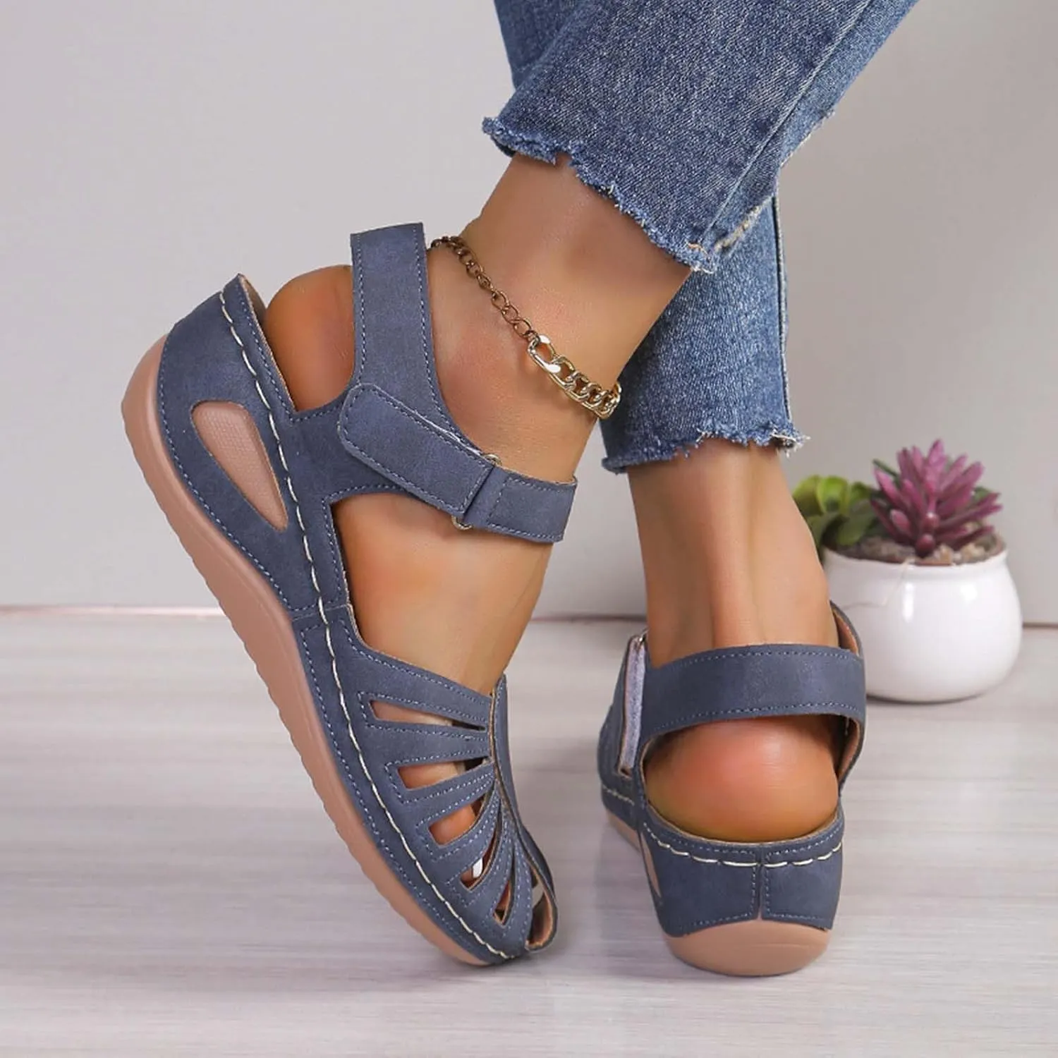 Women's Arch-Support Orthopedic Sandals Closed Toe Hollow Out Strap Ankle Trending Comfort Sandal Shoes for Vacation