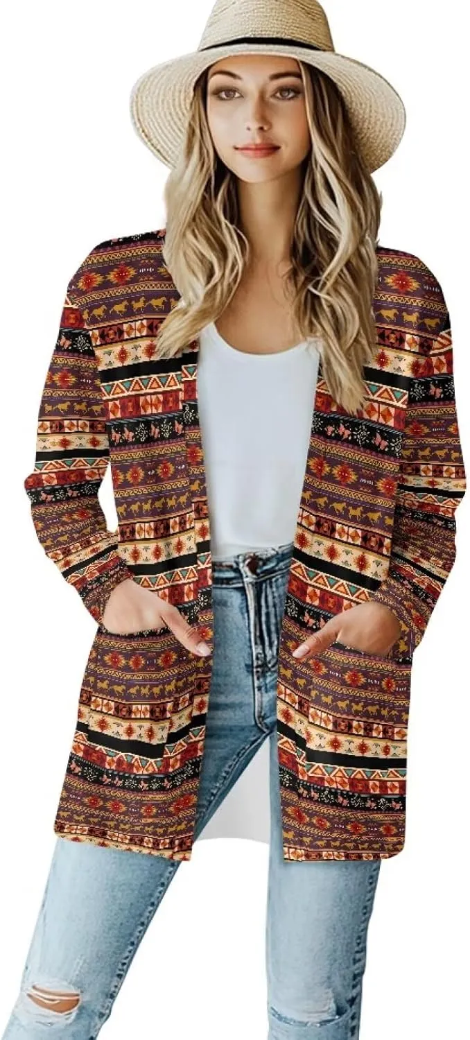 Women's Aztec Open-Front Jacket Lightweight Casual Outerwear Native Western Aztec Pattern & Plaid Houndstooth Print