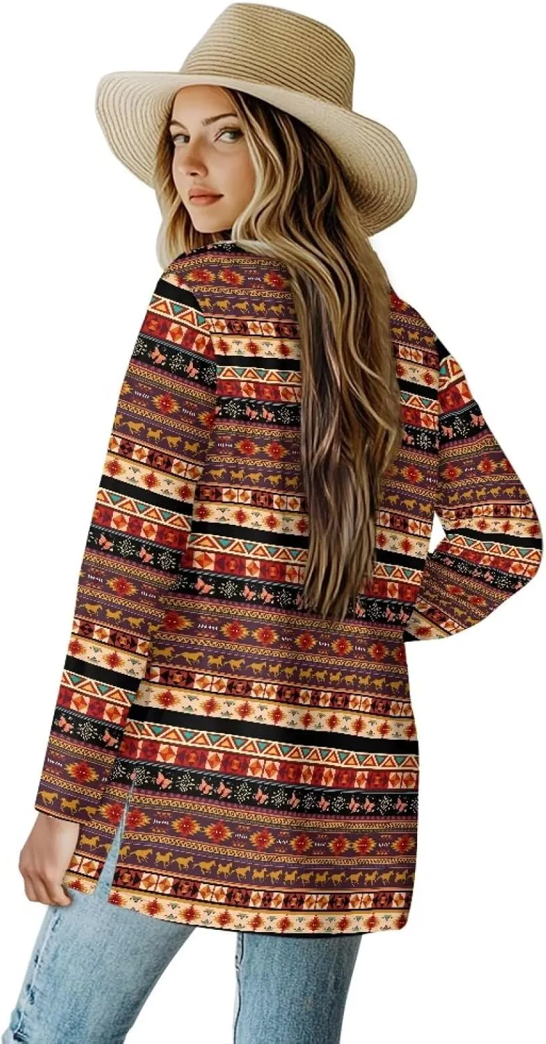 Women's Aztec Open-Front Jacket Lightweight Casual Outerwear Native Western Aztec Pattern & Plaid Houndstooth Print