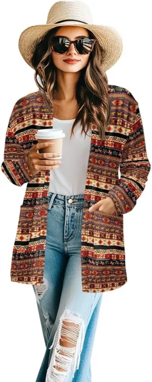 Women's Aztec Open-Front Jacket Lightweight Casual Outerwear Native Western Aztec Pattern & Plaid Houndstooth Print