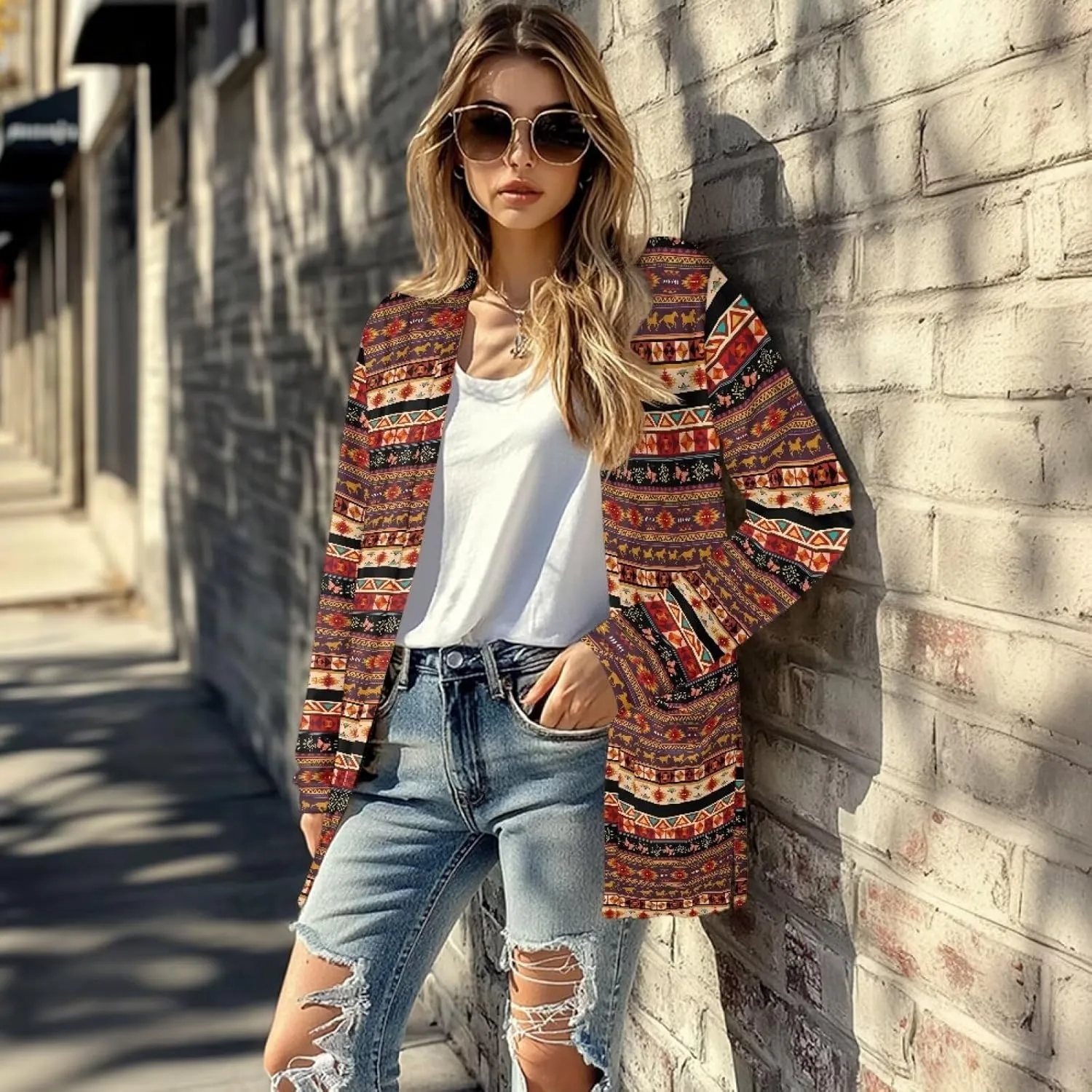 Women's Aztec Open-Front Jacket Lightweight Casual Outerwear Native Western Aztec Pattern & Plaid Houndstooth Print