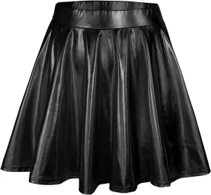 Womens Basic Versatile Mini Skirts Casual Stretchy Flared Skater Skirt Fashion Sexy Solid Pleated Skirt Shiny Skirts
