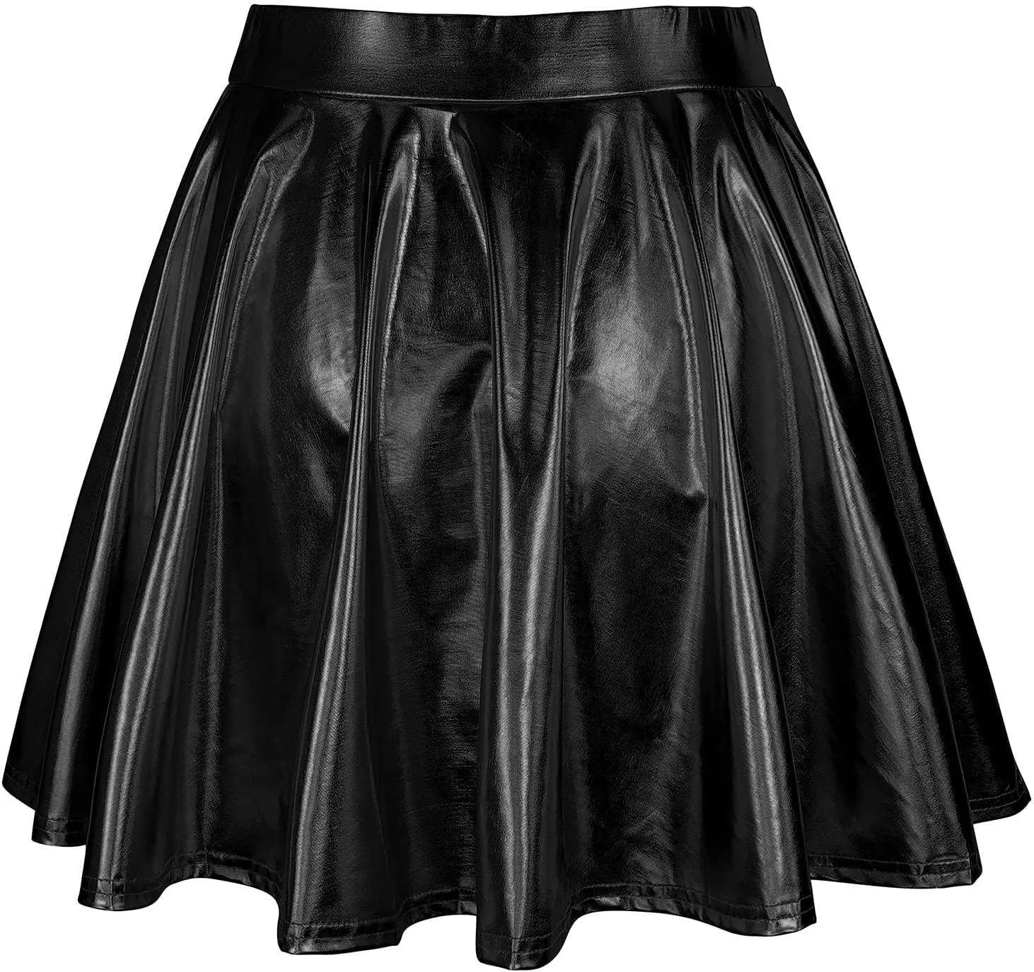 Womens Basic Versatile Mini Skirts Casual Stretchy Flared Skater Skirt Fashion Sexy Solid Pleated Skirt Shiny Skirts