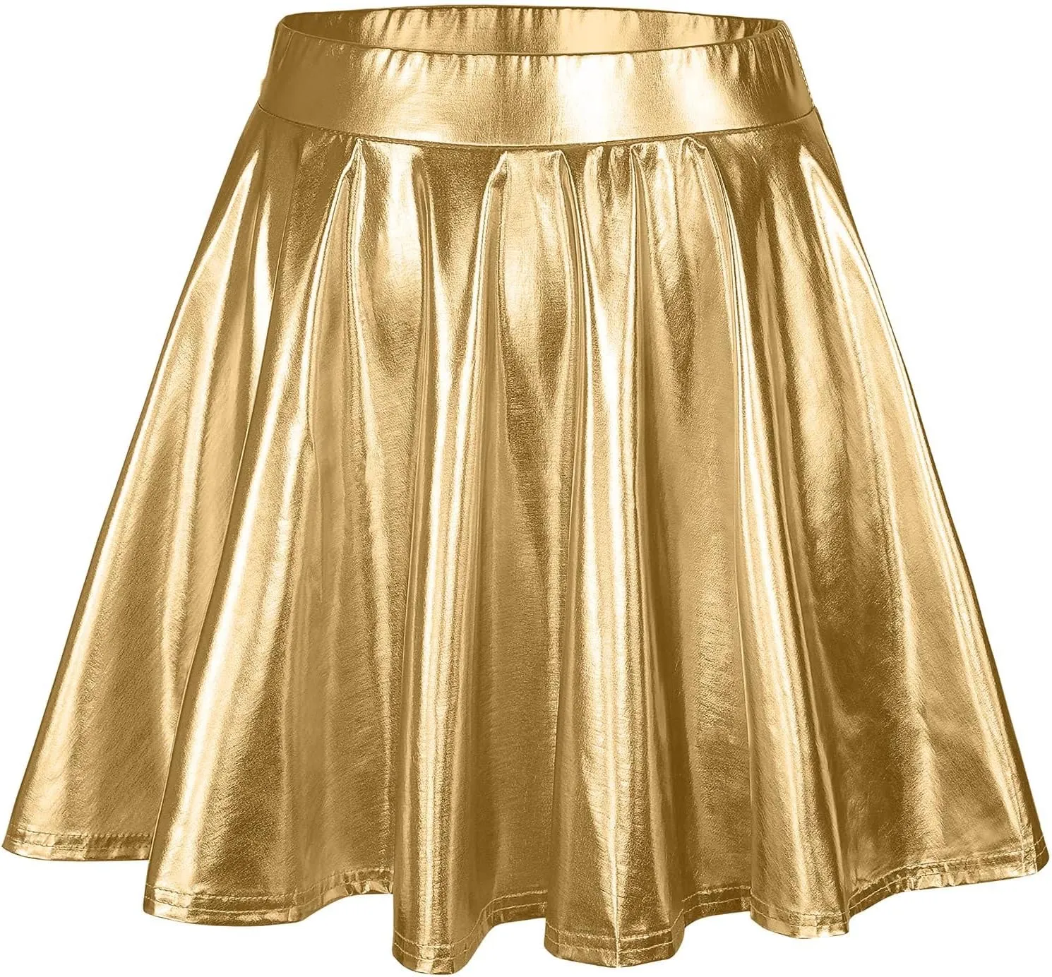 Womens Basic Versatile Mini Skirts Casual Stretchy Flared Skater Skirt Fashion Sexy Solid Pleated Skirt Shiny Skirts