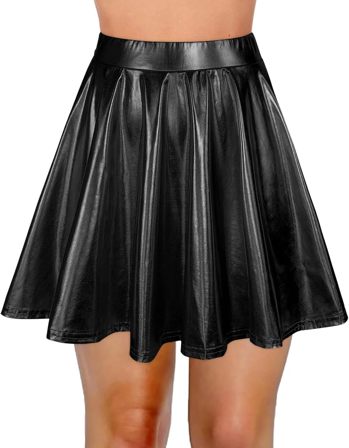 Womens Basic Versatile Mini Skirts Casual Stretchy Flared Skater Skirt Fashion Sexy Solid Pleated Skirt Shiny Skirts