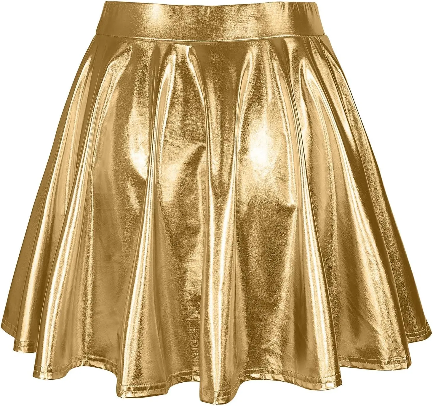Womens Basic Versatile Mini Skirts Casual Stretchy Flared Skater Skirt Fashion Sexy Solid Pleated Skirt Shiny Skirts