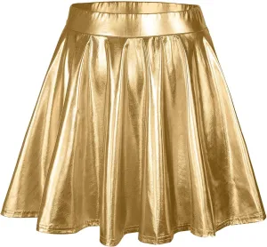 Womens Basic Versatile Mini Skirts Casual Stretchy Flared Skater Skirt Fashion Sexy Solid Pleated Skirt Shiny Skirts