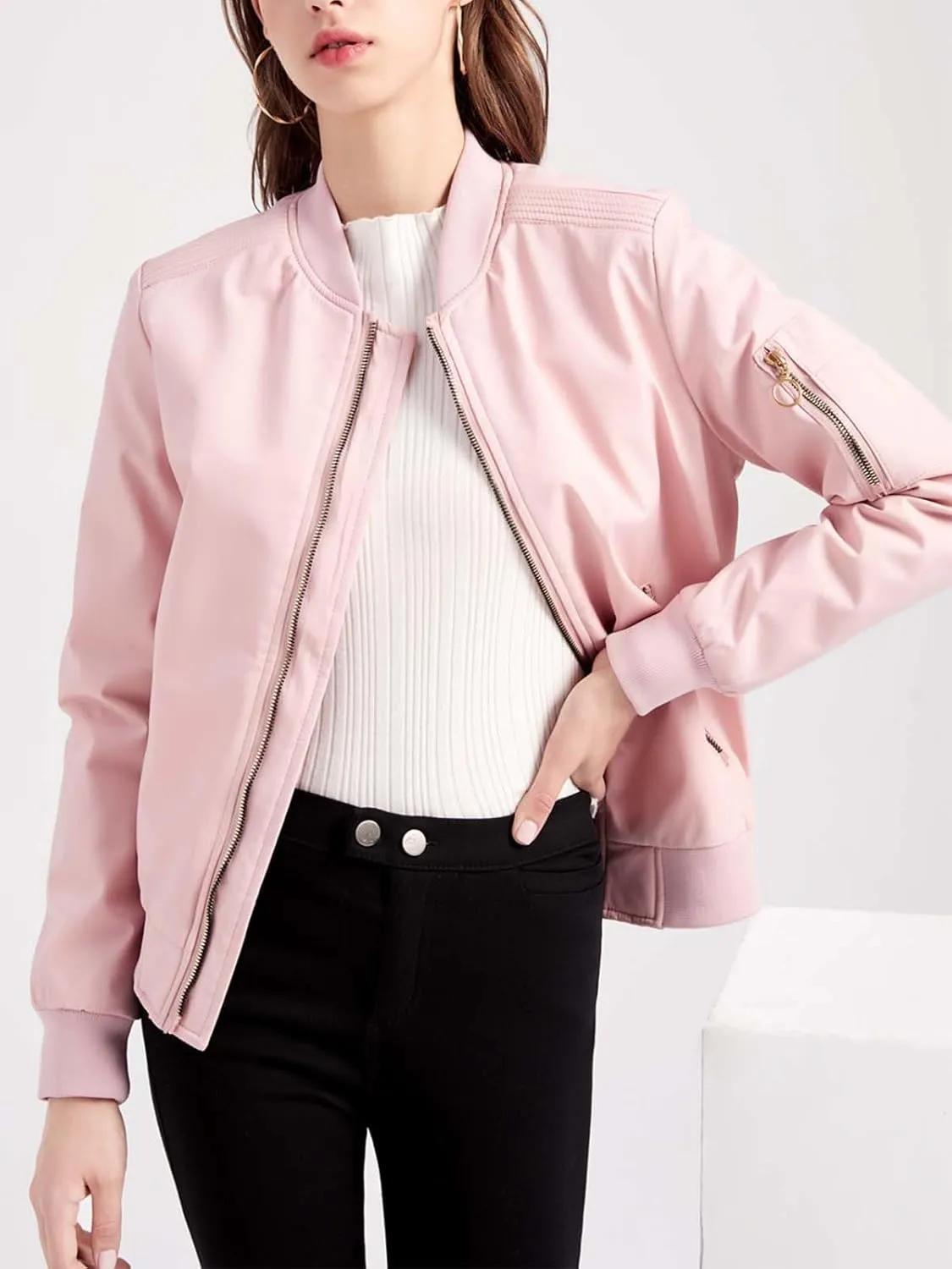 Women's Bomber Jacket Lightweight Varsity Zip Up Coat Casual Long Sleeve Windbreaker